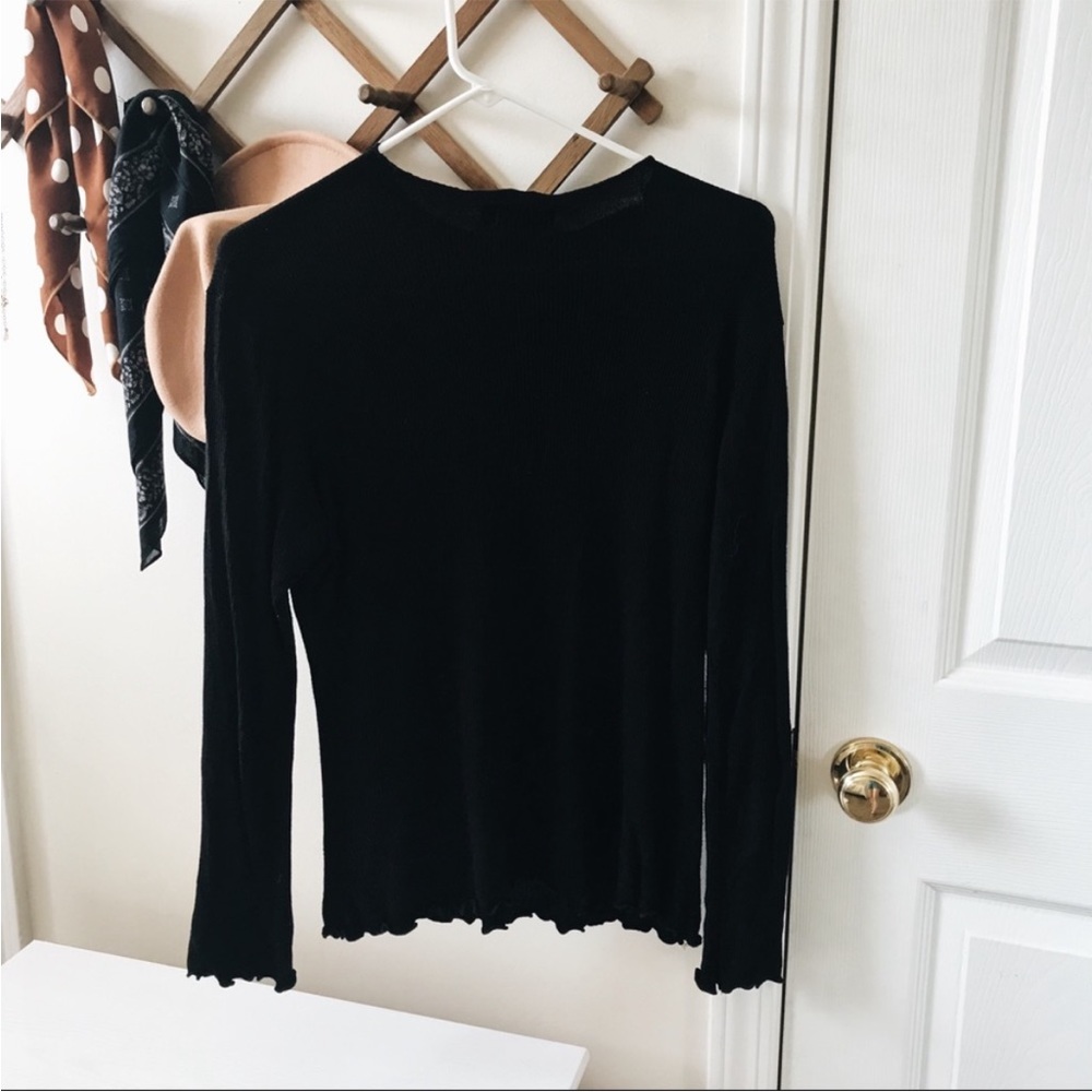 Roolee Black Waffle Long Sleeve Top with Lettuce Detailing